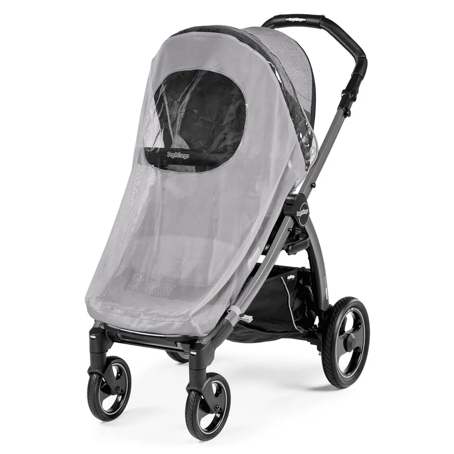 Peg Perego Mosquito Netting Stroller with protective mesh canopy on a gray stroller being wheeled.