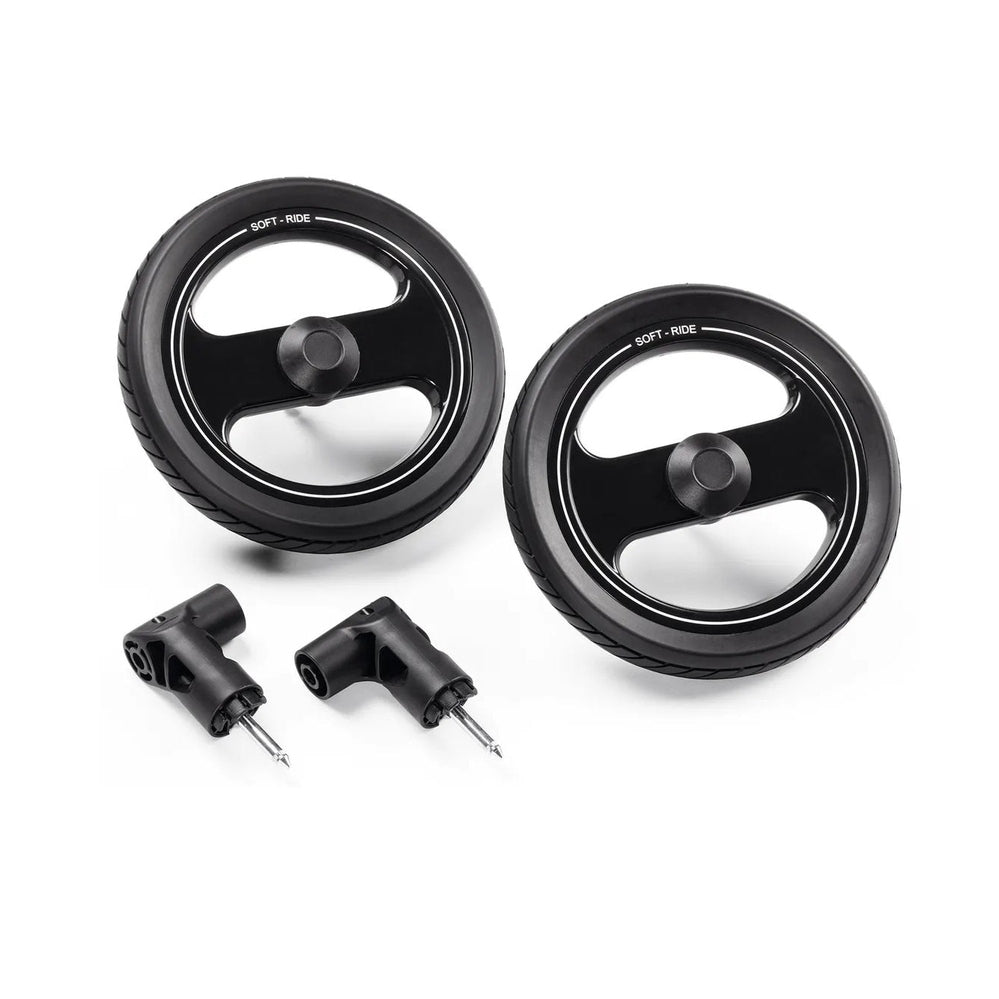 Peg Perego Off Road Wheels: two black soft-ride wheels with mounting hubs and axles for stroller upgrade.