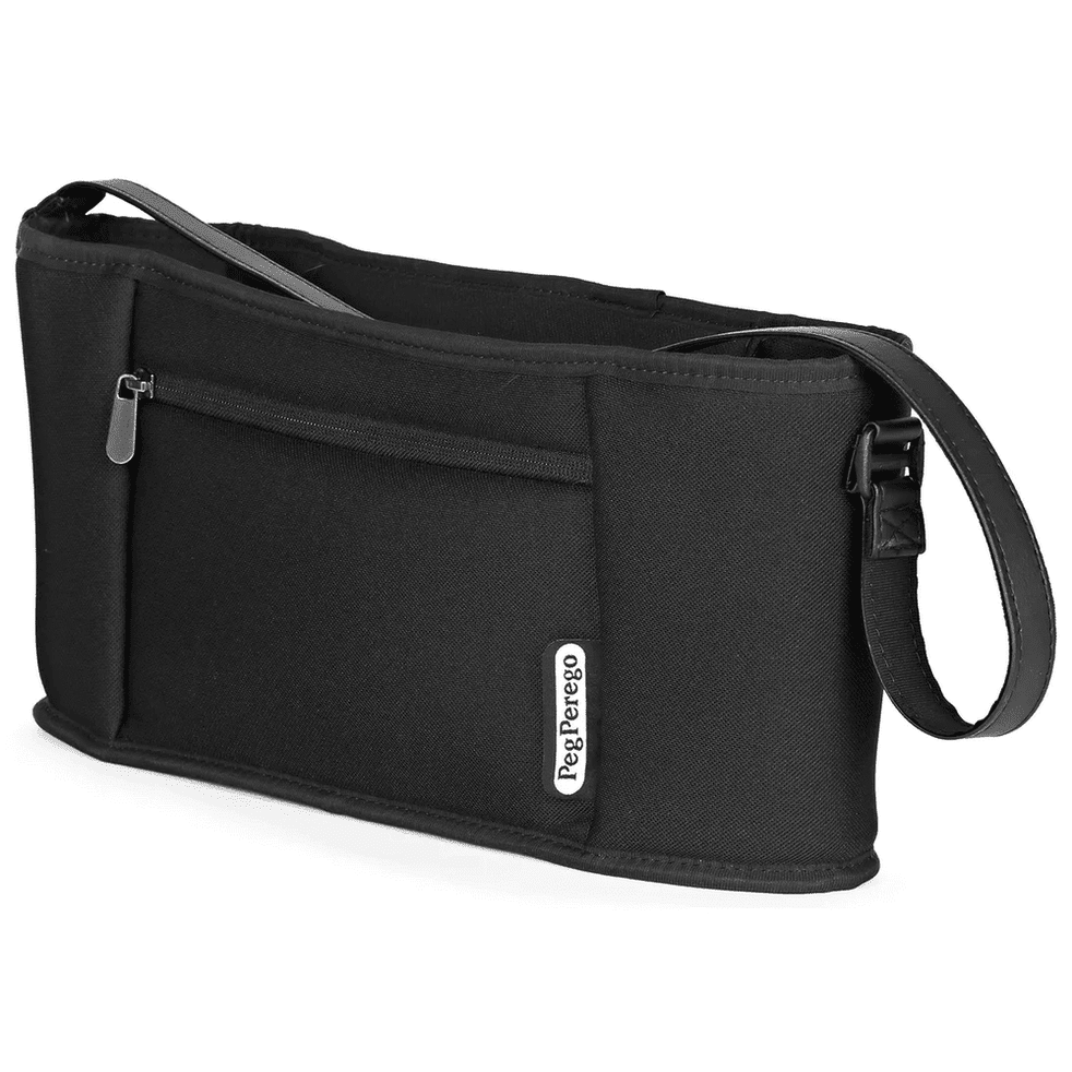 Peg Perego Organizer in black fabric clipped to a stroller, front zip pocket and brand badge visible.