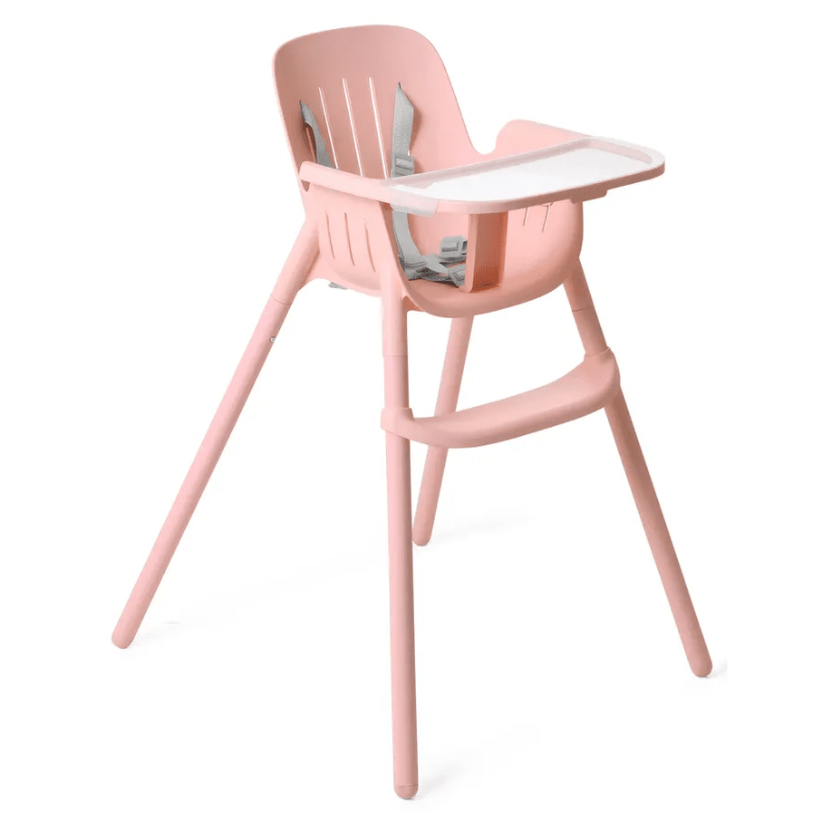 Peg Perego Poke High Chair in pink with tray and 5-point harness, sturdy angled legs.