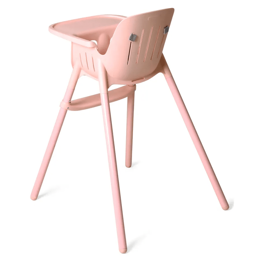 Peg Perego Poke High Chair in soft pink with tray and four angled legs, showcasing sturdy plastic design.
