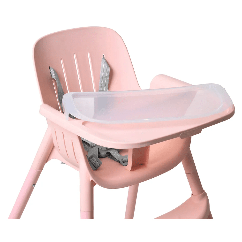 Peg Perego Poke High Chair in pink with removable tray, safety straps fastened for secure feeding.