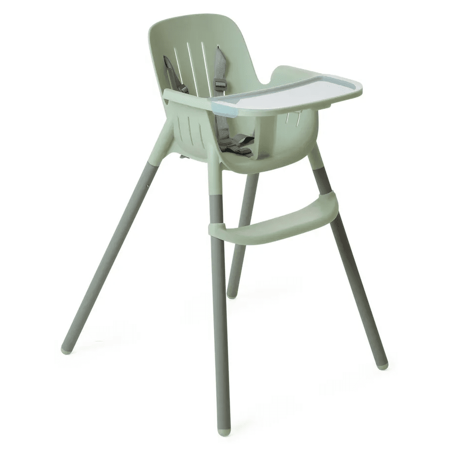 Peg Perego Poke High Chair in pale green with a secure harness and extendable tray.