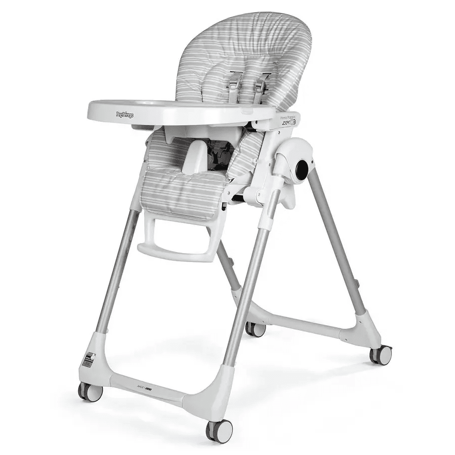 Peg Perego Prima Pappa Zero 3 high chair in white/gray with adjustable tray and safety harness.