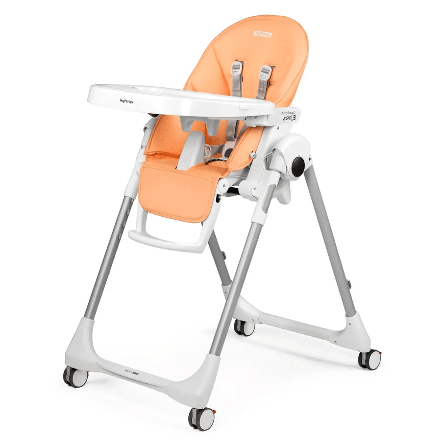 Peg Perego Prima Pappa Zero 3 high chair in orange with white frame, showing adjustable legs and attached tray.