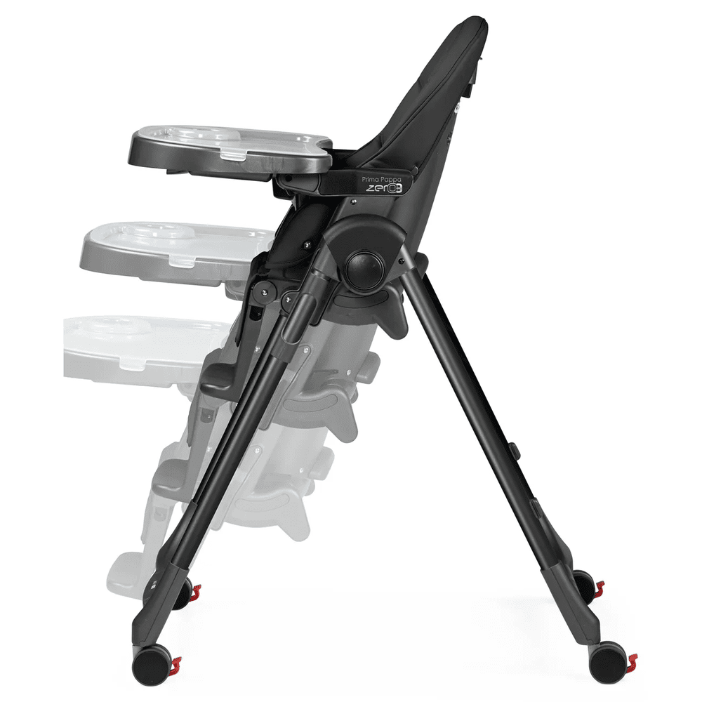 Peg Perego Prima Pappa Zero 3 high chair in black with adjustable trays and foldable legs.
