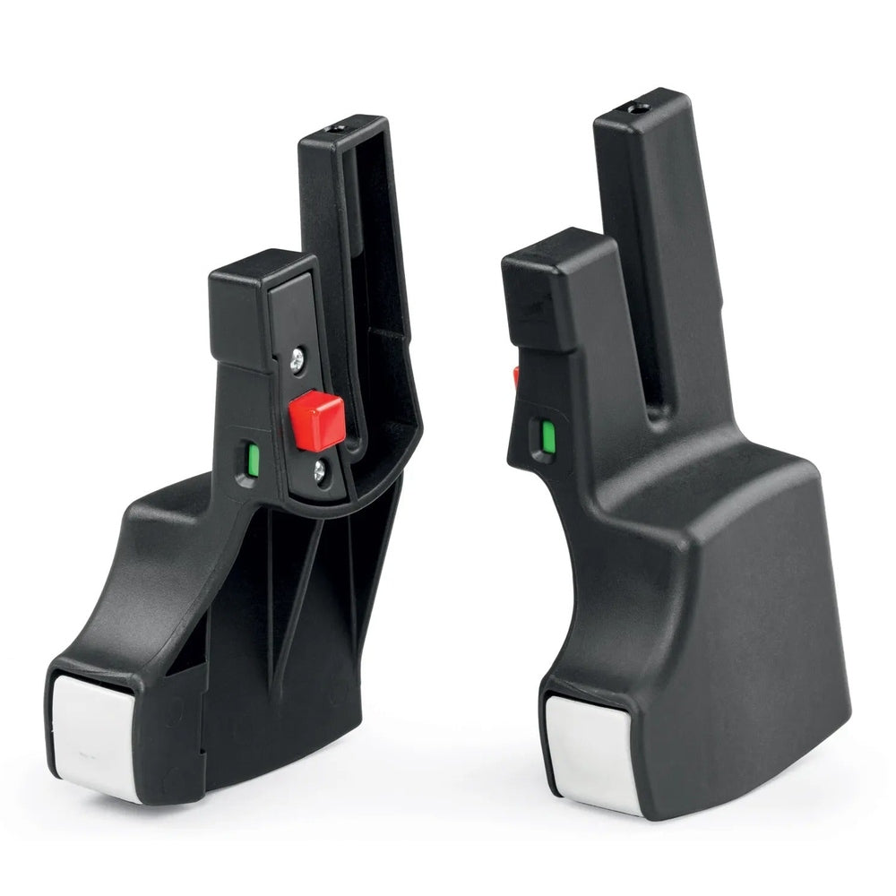 Peg Perego Primo Viaggio Adapter/Links for Peg strollers, black plastic car-seat adapters with red/green indicators ready to attach.