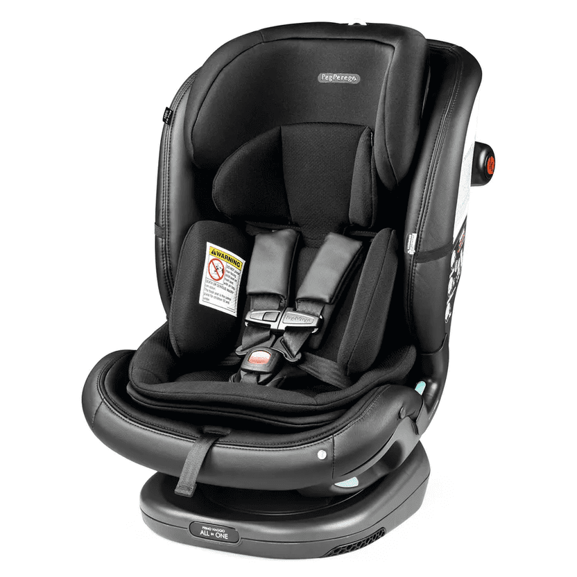 Peg Perego Primo Viaggio All In One Car Seat in black with padded headrest and buckled five-point harness on the base.