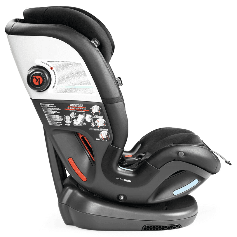 Peg Perego Primo Viaggio All In One Car Seat in black with red/blue accents, securely mounted on base.