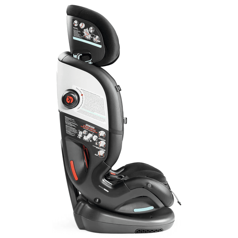 Peg Perego Primo Viaggio All In One Car Seat in black with gray trim, showing adjustable headrest.