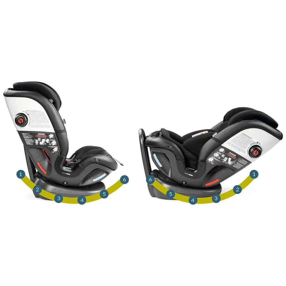 Peg Perego Primo Viaggio All In One Car Seat, black with blue accents, shown in base for rear- and forward-facing use.