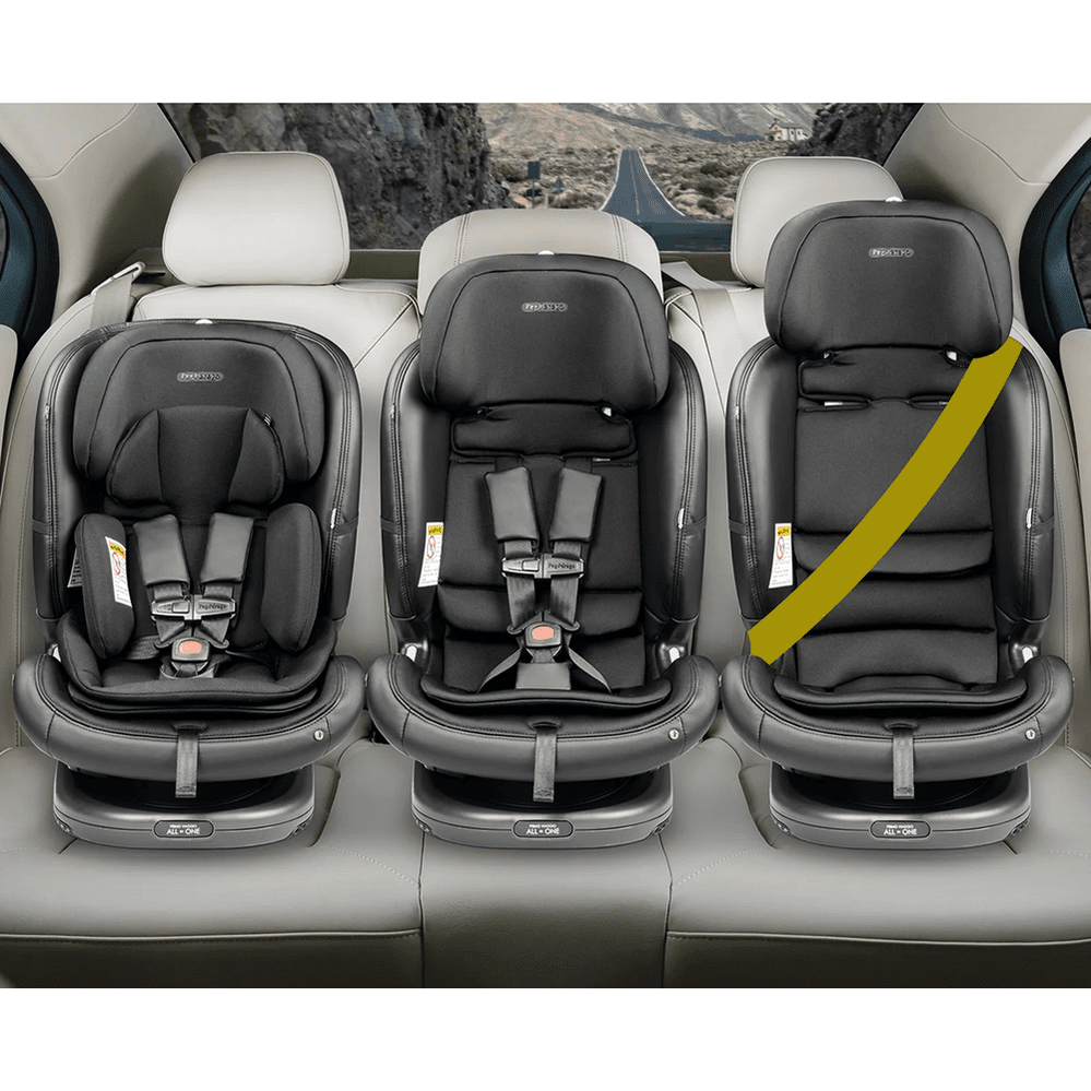 Peg Perego Primo Viaggio All In One Car Seat trio on the car’s rear seat, showcasing 5-point harnesses and head support.