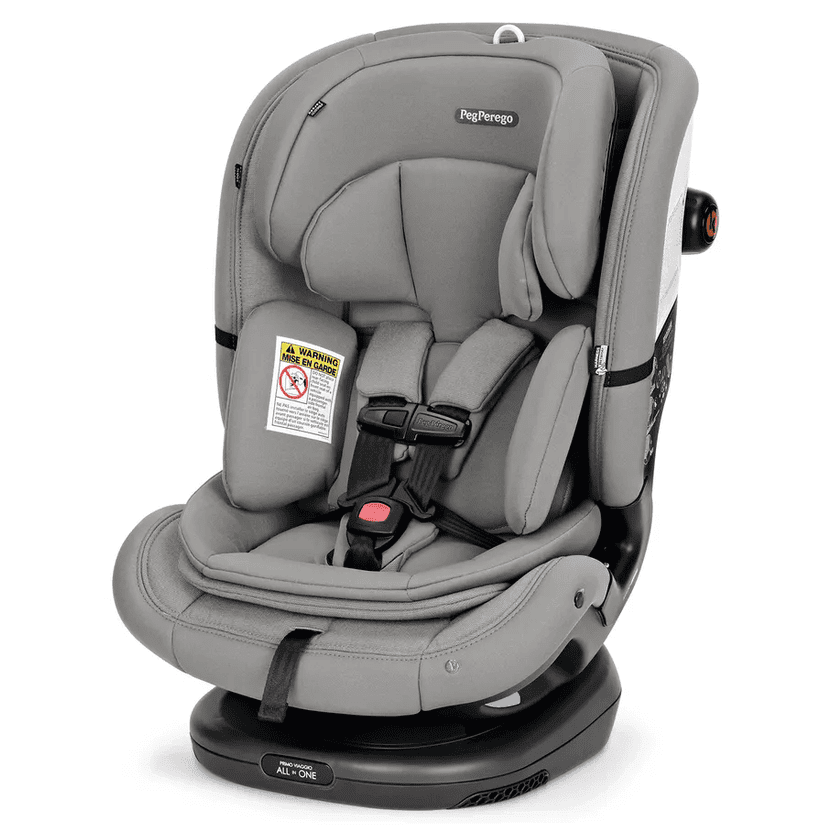 Peg Perego Primo Viaggio All In One Car Seat in gray with a secure five-point harness and cushioned head support on a sturdy base