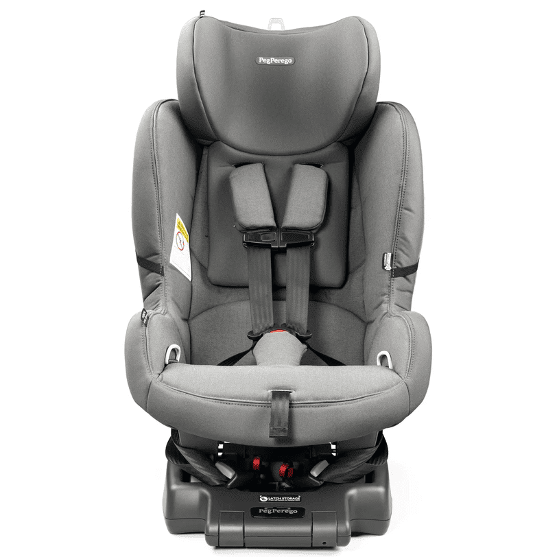 Peg Perego Primo Viaggio Convertible Car Seat Kinetic in grey with 5-point harness and base.