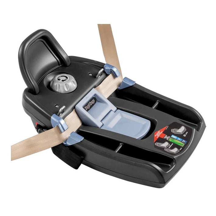 Peg Perego Primo Viaggio infant car seat base, black with blue latch clips and adjustment dial, secured to a seat.