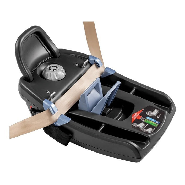 Peg Perego Primo Viaggio Infant Car Seat Base in black, blue locking clips secure a strap for a secure installation.