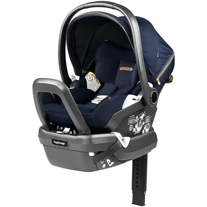 Peg Perego Primo Viaggio Lounge Infant Car Seat in navy, reclined on its base with handle up.