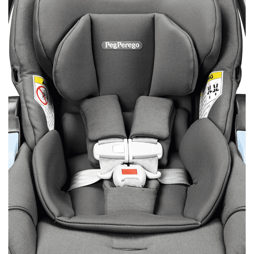 Peg Perego Primo Viaggio Lounge infant car seat in gray, five-point harness buckled at the chest.