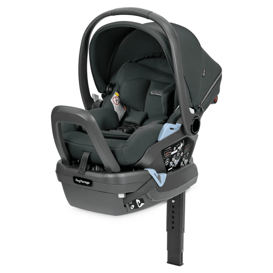 Peg Perego Primo Viaggio Lounge Infant Car Seat in dark green, reclined in base with adjustable handle.