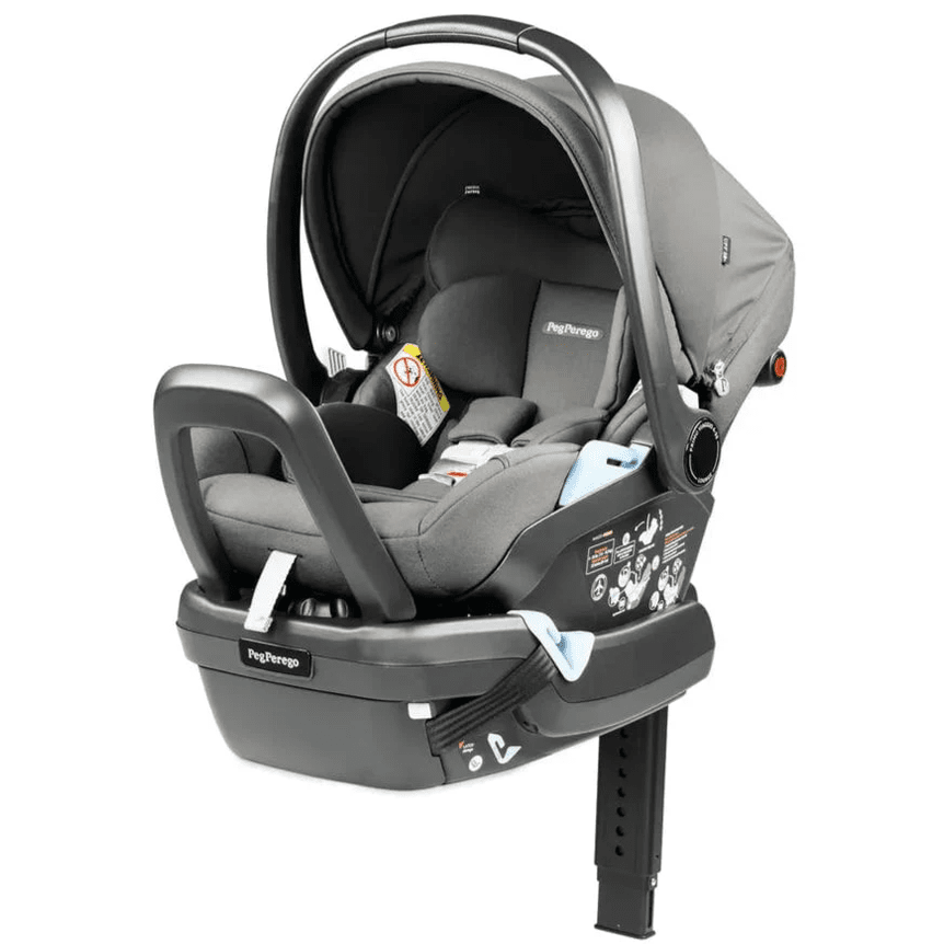 Peg Perego Primo Viaggio Lounge infant car seat in gray with base and canopy, recline-ready.
