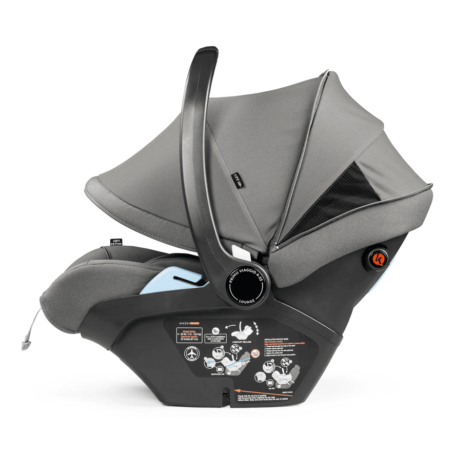 Peg Perego Primo Viaggio Lounge Infant Car Seat in gray, shown reclined on its base with ergonomic carry handle.