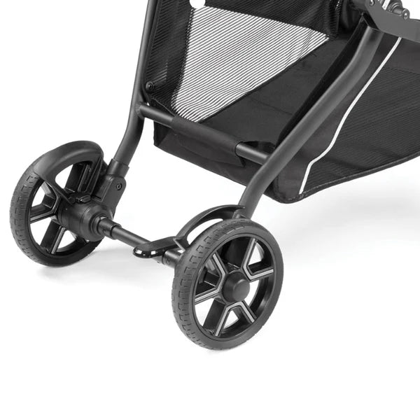 Peg Perego Primo Viaggio Lounge on wheels stroller chassis in black, showing sturdy 3‑spoke wheels and mesh storage.