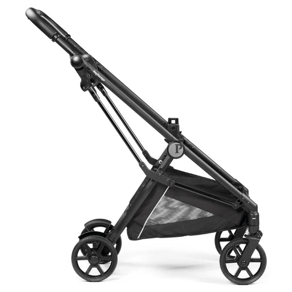 Peg Perego Primo Viaggio Lounge on wheels stroller bundle in black; compact folded frame with storage basket.