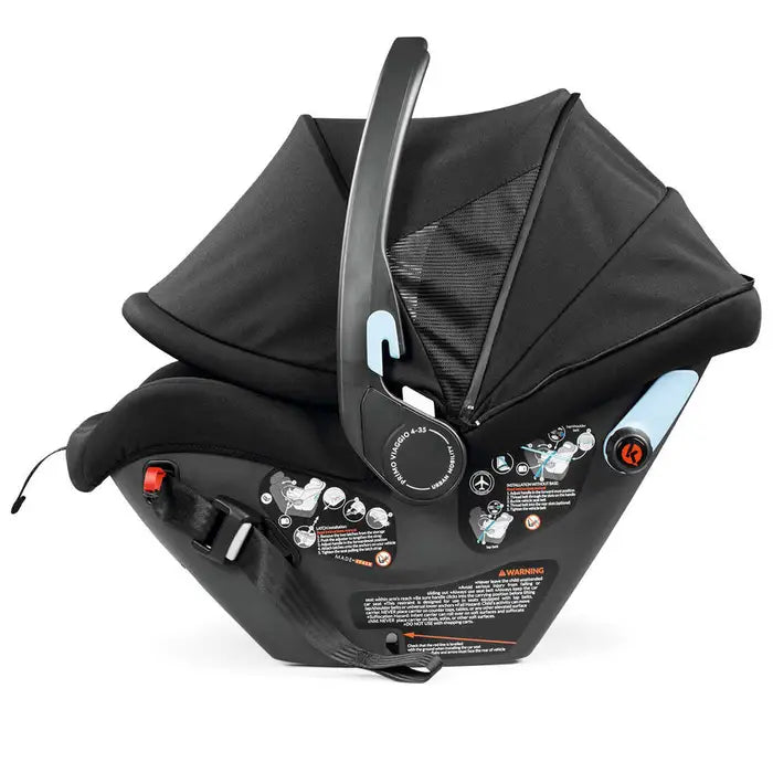 Peg Perego Primo Viaggio Urban Mobility Infant Car Seat in black with blue accents, raised carrying handle for easy transport.