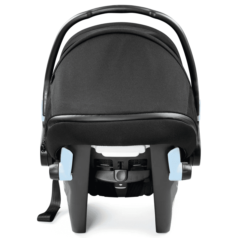 Peg Perego Primo Viaggio Urban Mobility infant car seat in black with blue accents, and raised carrying handle.
