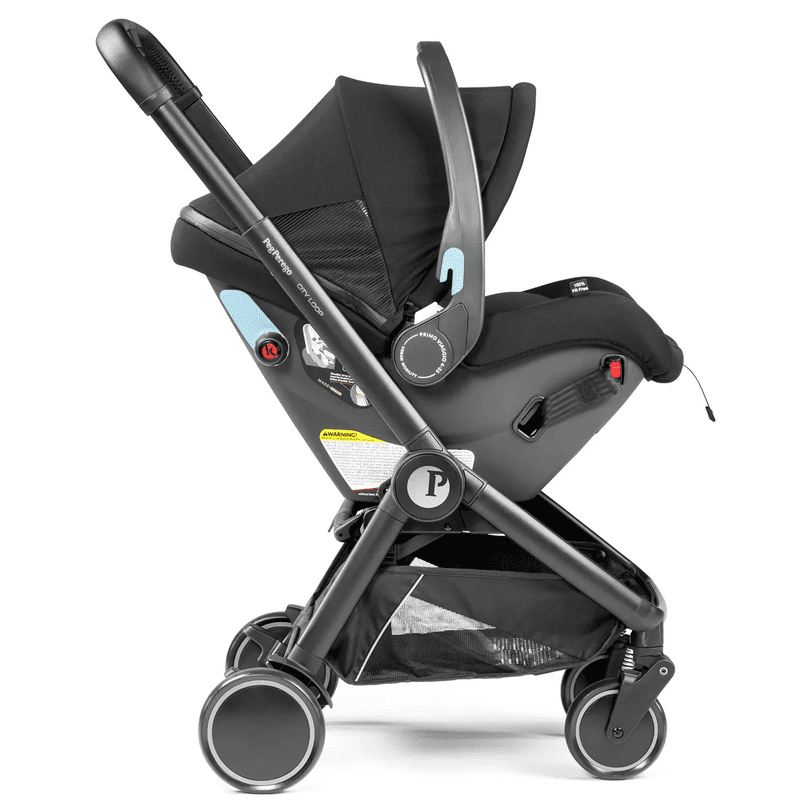 Peg Perego Primo Viaggio Urban Mobility Infant Car Seat mounted on a black stroller frame with carry handle.