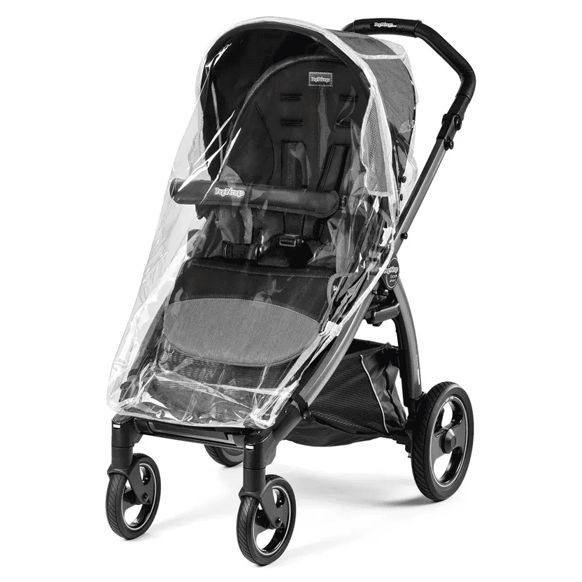 Peg Perego Rain Cover Stroller with clear shield over a black stroller, keeping baby dry on walks.