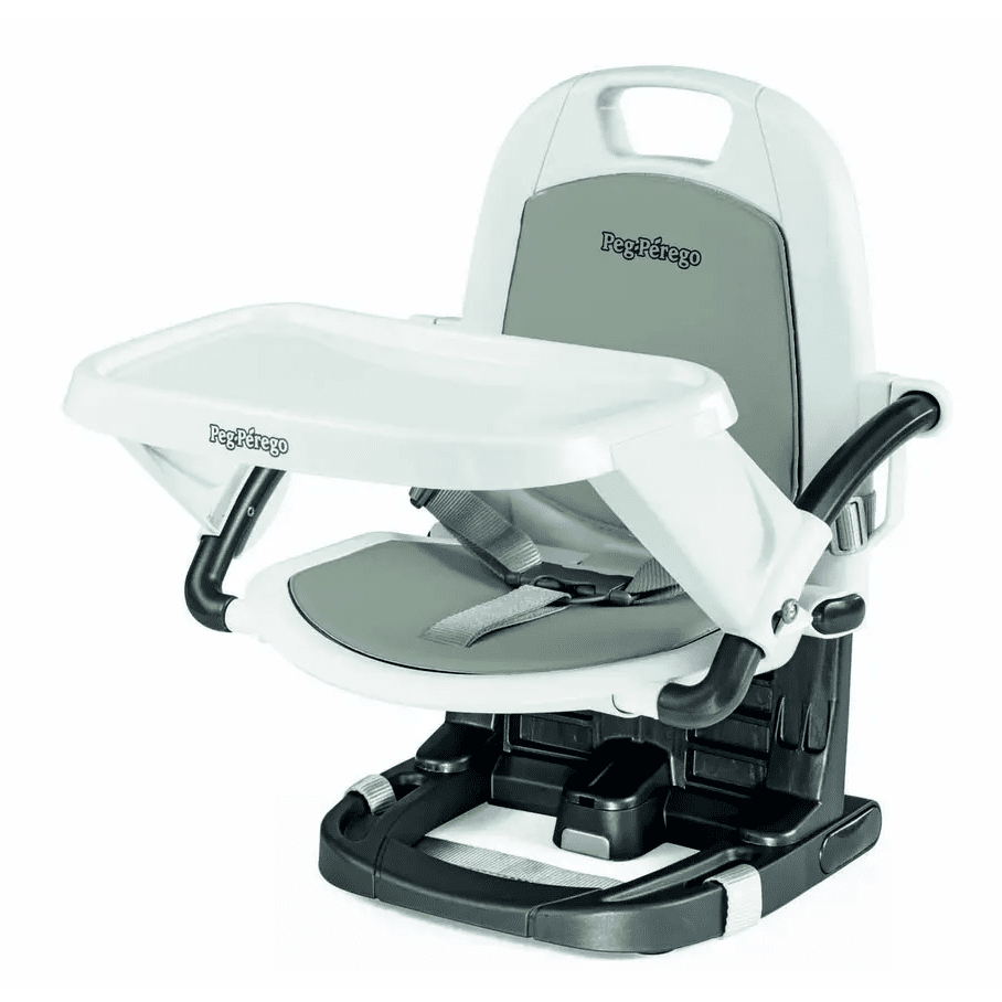 Peg Perego Rialto High Chair in white/gray with extended tray and safety harness.