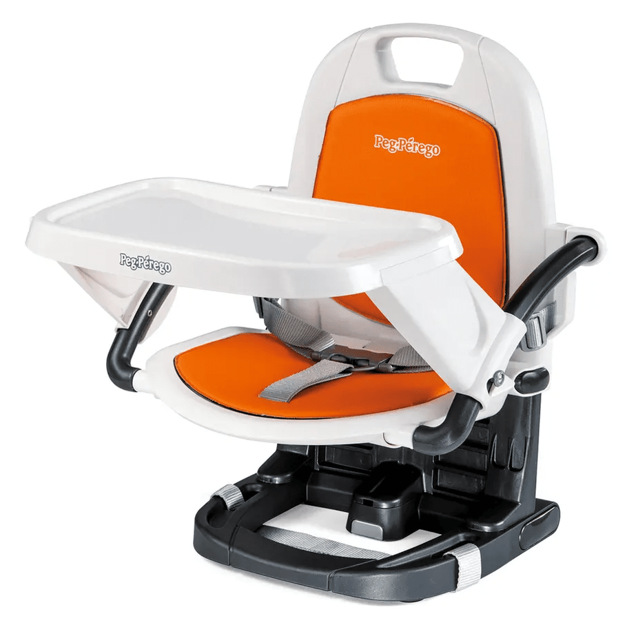 Peg Perego Rialto High Chair with orange cushion, safety harness, and extended white tray.