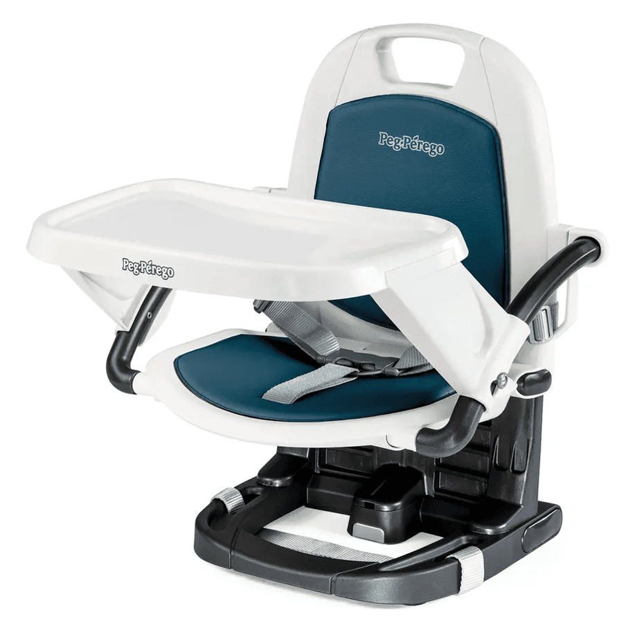 Peg Perego Rialto High Chair in blue cushioned seat with tray attached and harness buckled, ready for feeding.