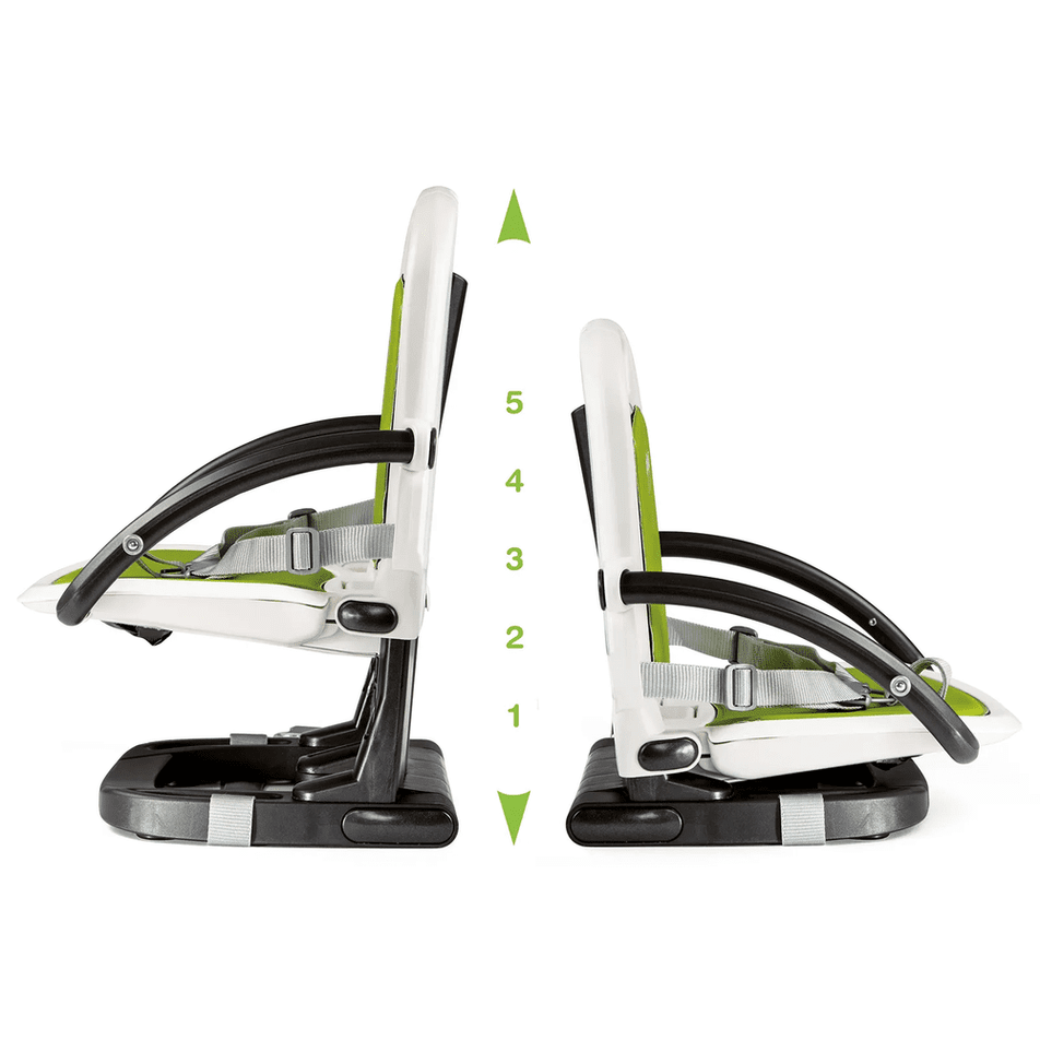 Peg Perego Rialto High Chair in green/white, 5-level height adjust shown in two positions.
