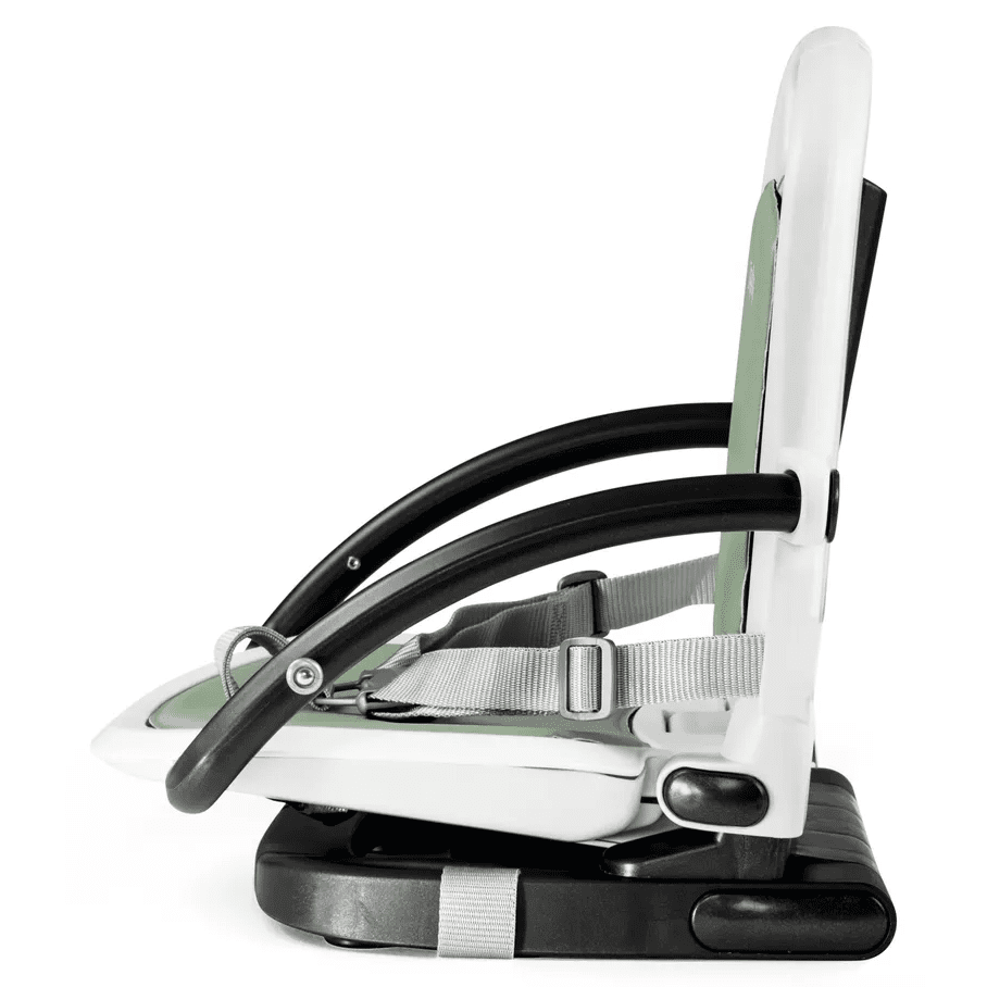 Peg Perego Rialto High Chair; white frame, black base, gray safety harness fastened, side view.