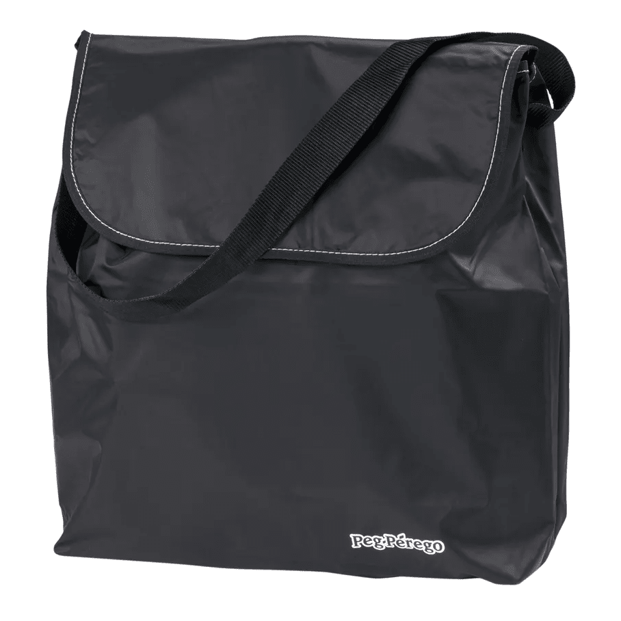 Peg Perego Rialto High Chair carry bag in black with white-stitched flap and shoulder strap, ready to travel