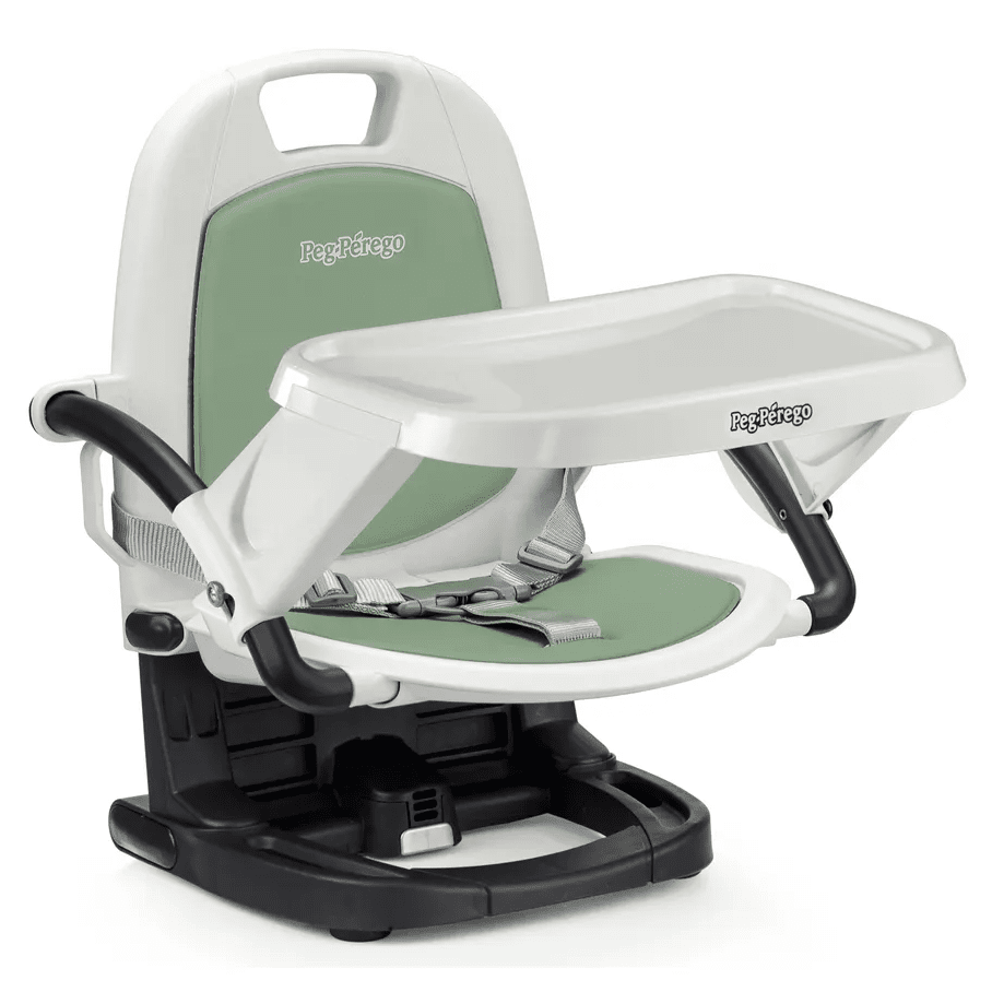 Peg Perego Rialto High Chair, white and sage-green seat, adjustable tray in use with safety harness.