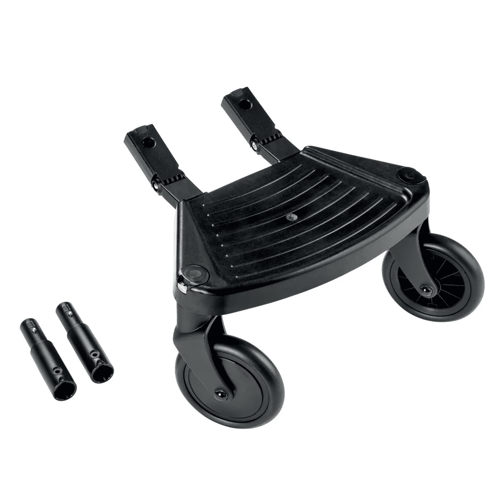 Peg Perego Ride with Me Board (Book Board) in black with mounting posts and wheels, ready to attach to a stroller