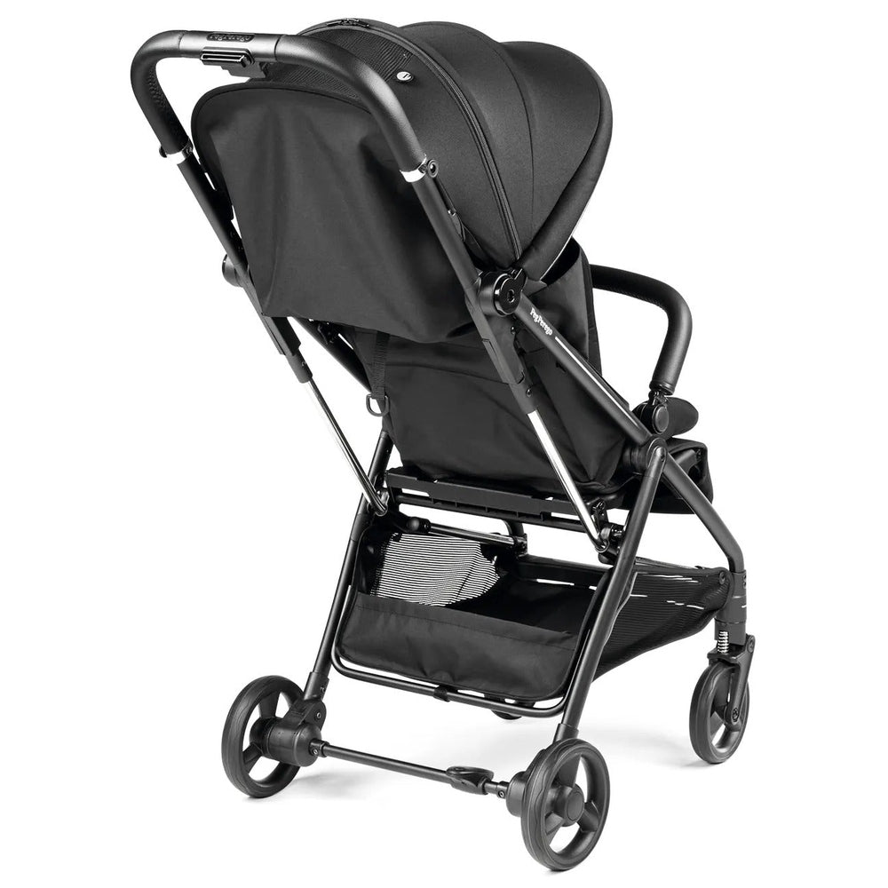 Peg Perego Selfie Plus Stroller in black, padded seat, large storage basket, and four wheels ready for a smooth push.