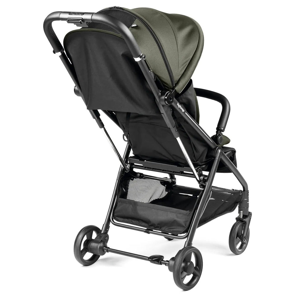 Peg Perego Selfie Plus Stroller in olive green with large wheels and storage basket, ready to roll.