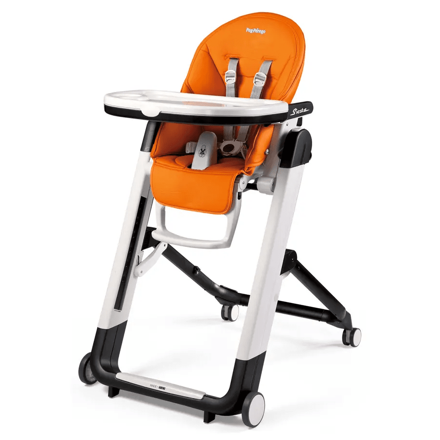 Peg Perego Siesta High Chair in orange with white frame, attached tray and secured 5-point harness.