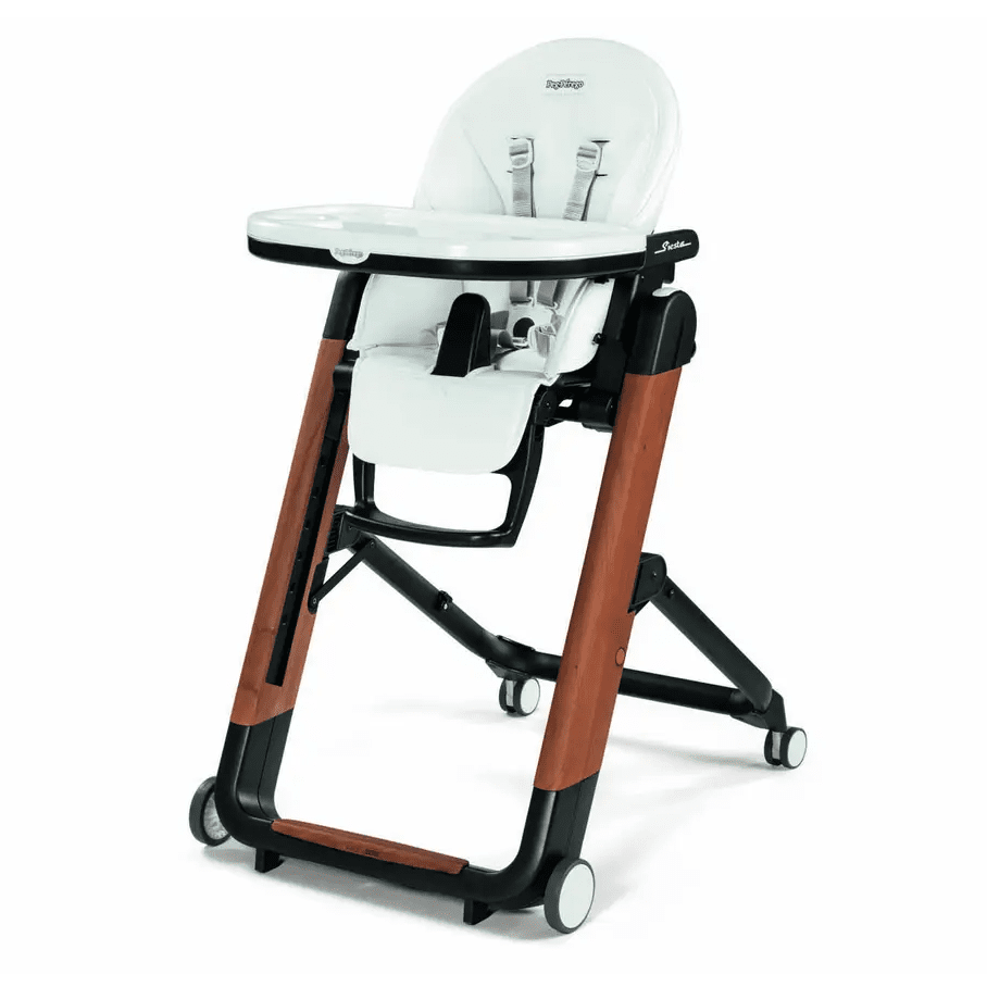 Peg Perego Siesta High Chair, white seat with wood legs and wheels, adjustable tray.