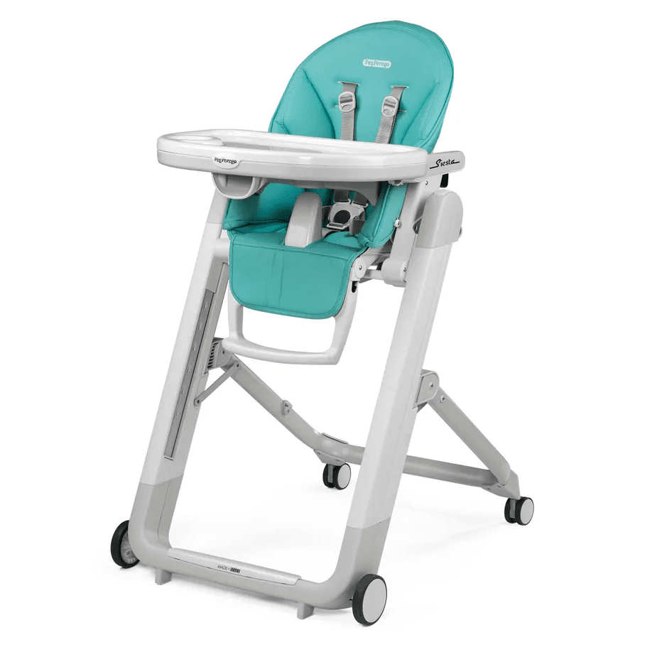 Peg Perego Siesta High Chair in teal with white frame, tray attached, and rolling base.