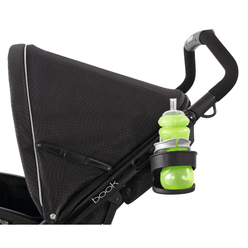 Peg Perego Stroller Cup Holder attached to a black stroller frame holding a bright green sippy cup.