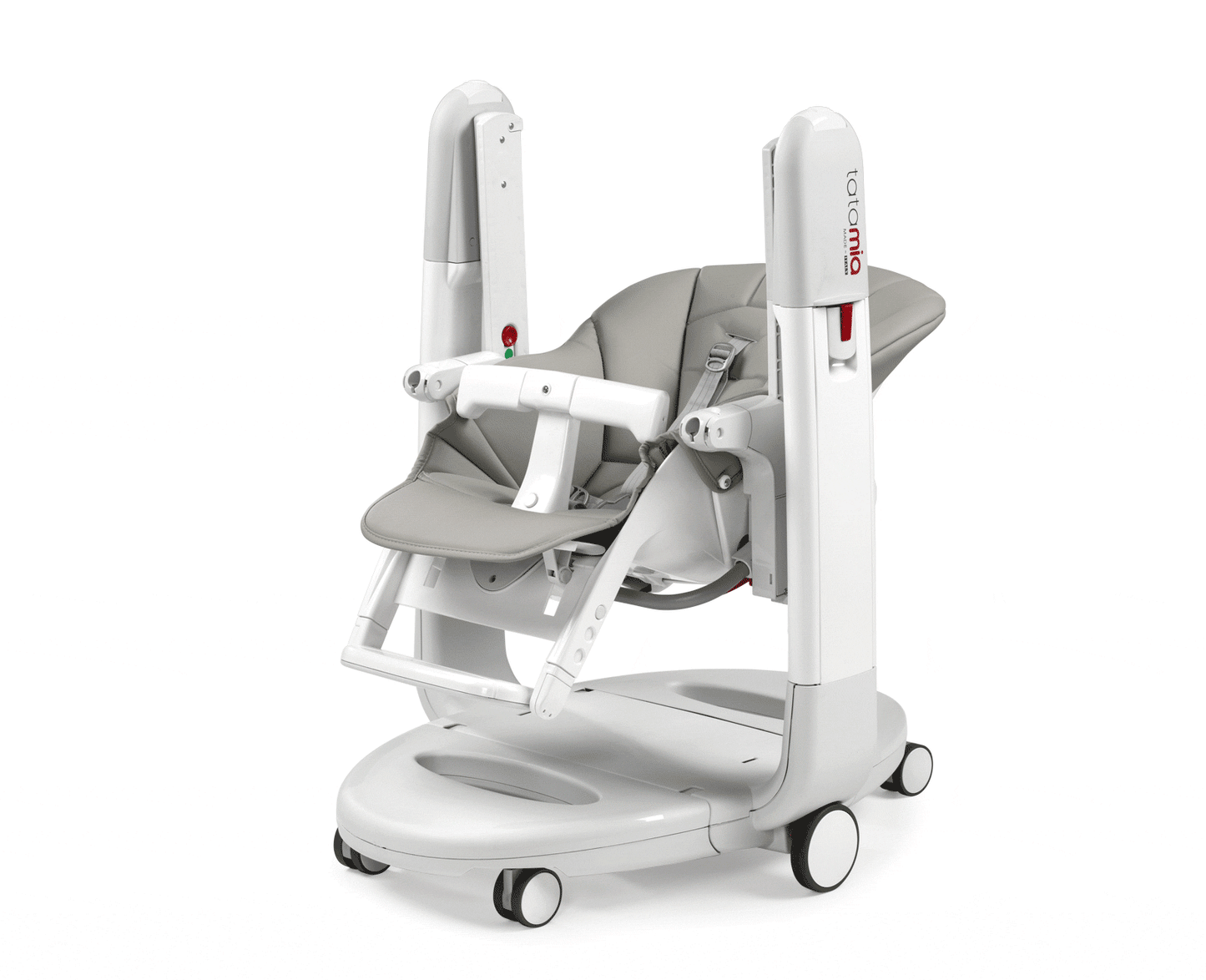 Peg Perego Tatamia High Chair in white/gray, mounted on a wheeled stand for easy transport.