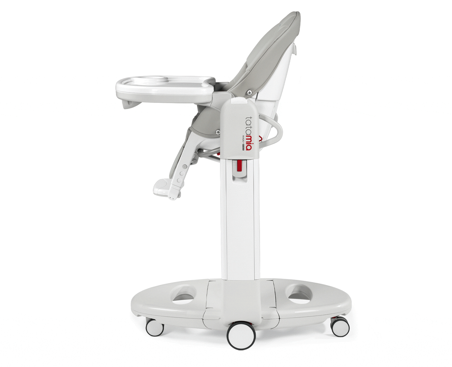 Peg Perego Tatamia High Chair in white/gray, compact fold on wheeled stand with detachable tray.