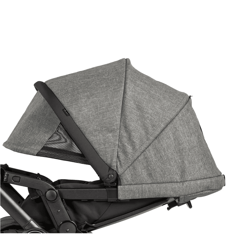 Peg Perego Triplette Piroet seat in grey fabric with black frame, canopy extended over the reclined seat.