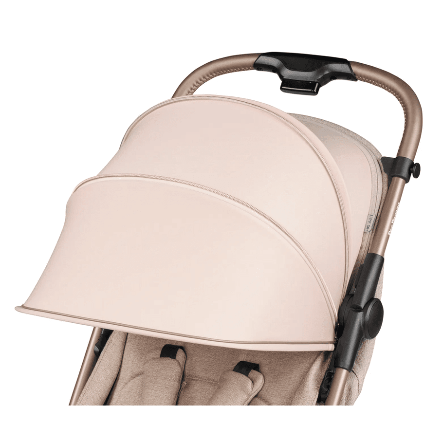 Peg Perego VOLO Travel Stroller in beige with curved sun canopy and tan frame.