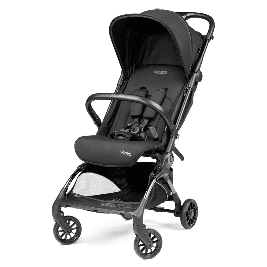 Peg Perego VOLO Travel Stroller in black, with sun canopy deployed, padded seat and storage basket.
